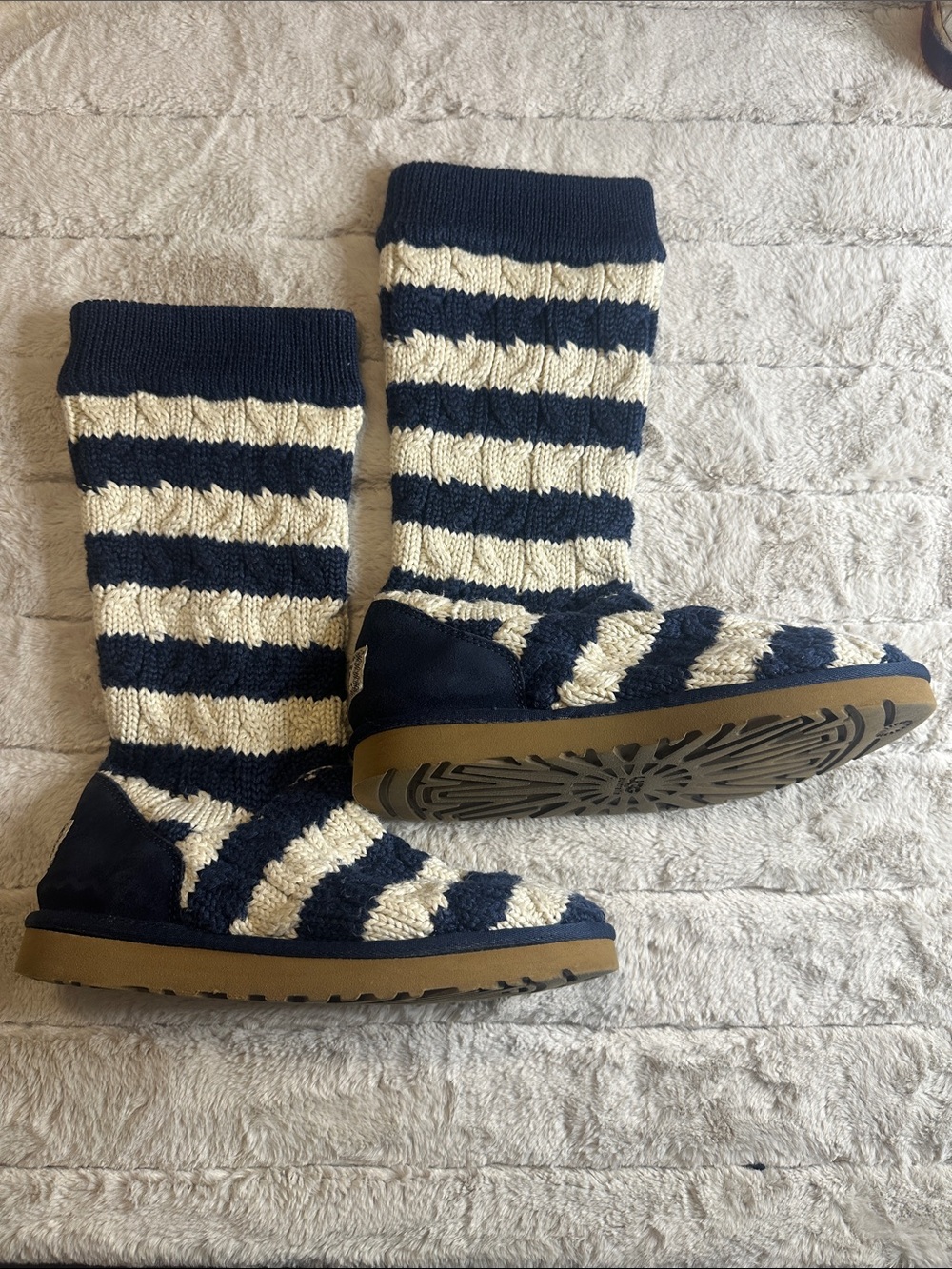 UGG Australia Navy and Cream Striped Knit Boots, 10